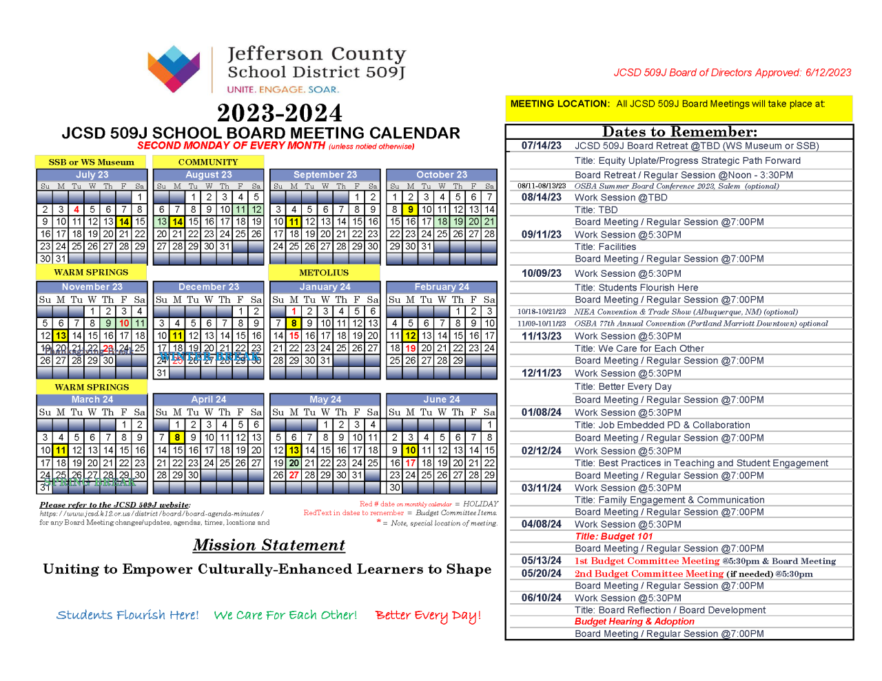 Board Calendar Jefferson County School District 509J